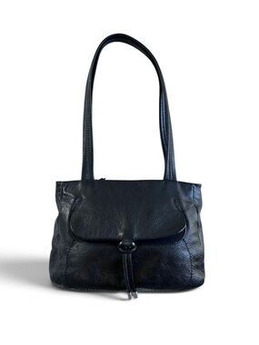 Vintage 90s Classic Black Leather Shoulder Bag with Front Flap